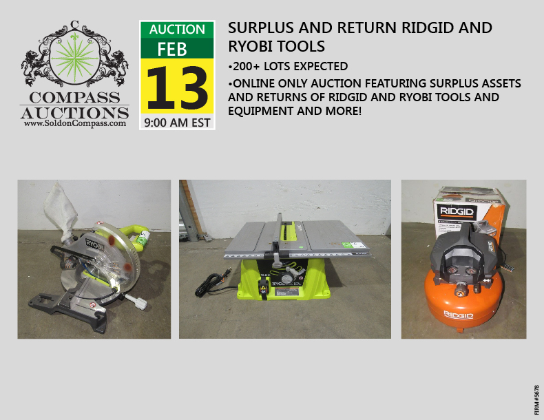 online auction February 2019 Ridgid Ryobi tools equipment Compass Auctions
