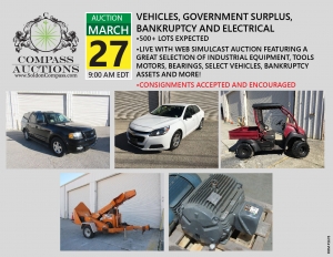 March monthly live online auction Compass vehicles motors bearing wood chipper