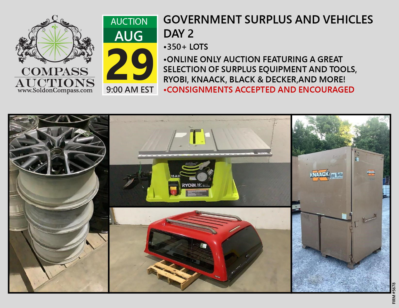 August online monthly industrial auction tools Compass Auctions