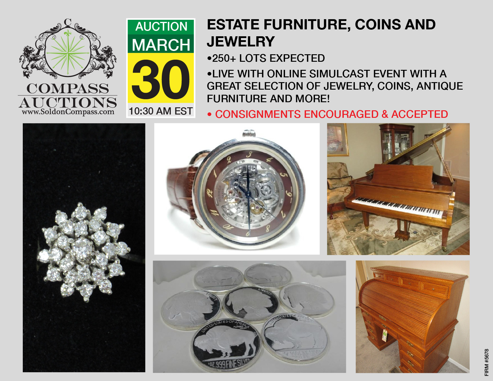 March 2019 Compass Auctions estate auction jewelry furniture coins