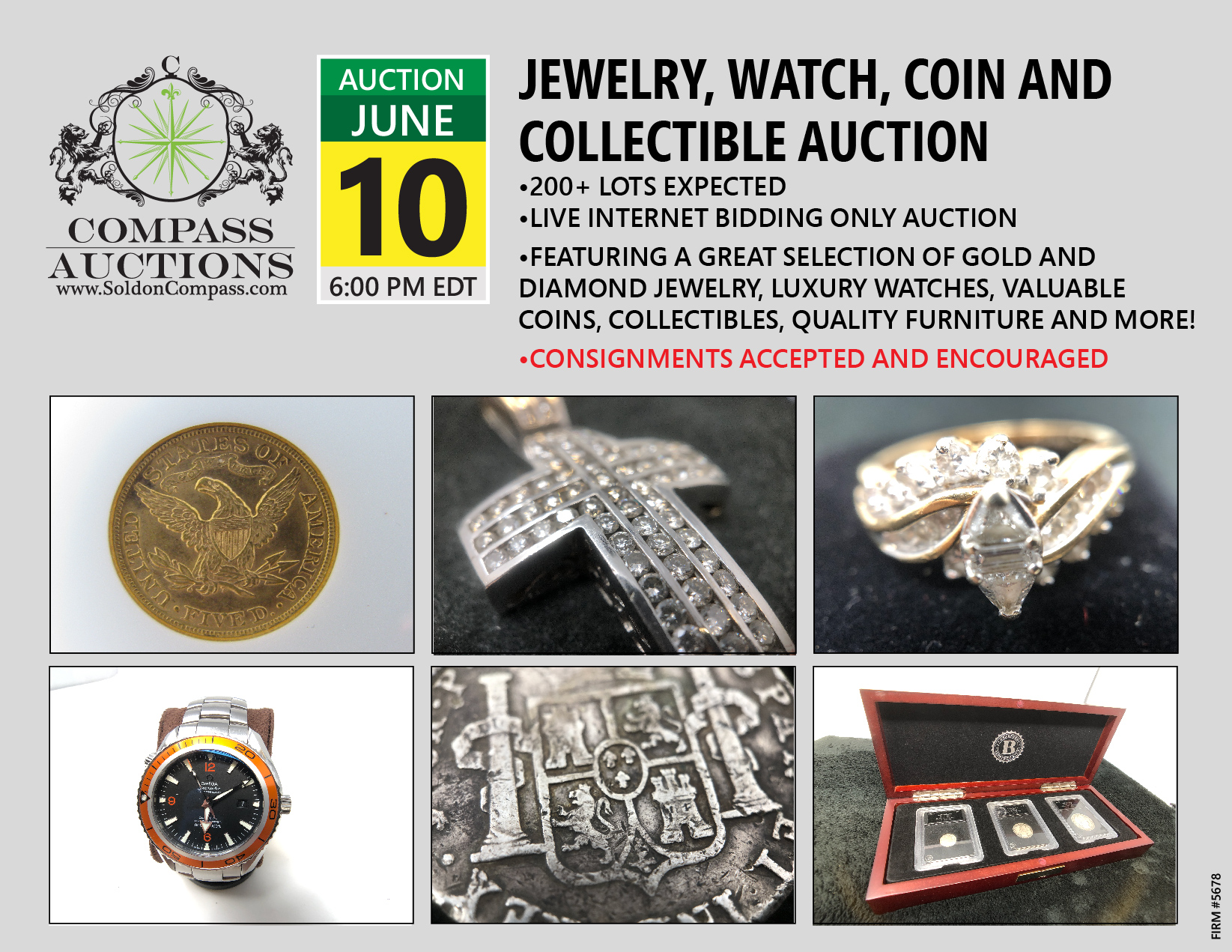Collectible coin auction jewelry diamond pearl watches online June 2019 Compass Auctions