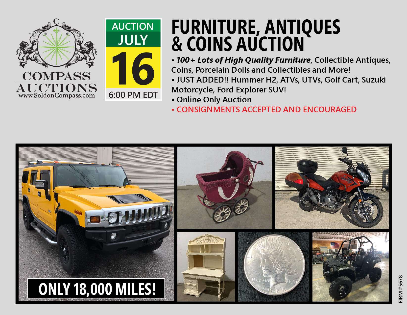 July 2019 online only auction antiques collectibles furniture Hummer H2